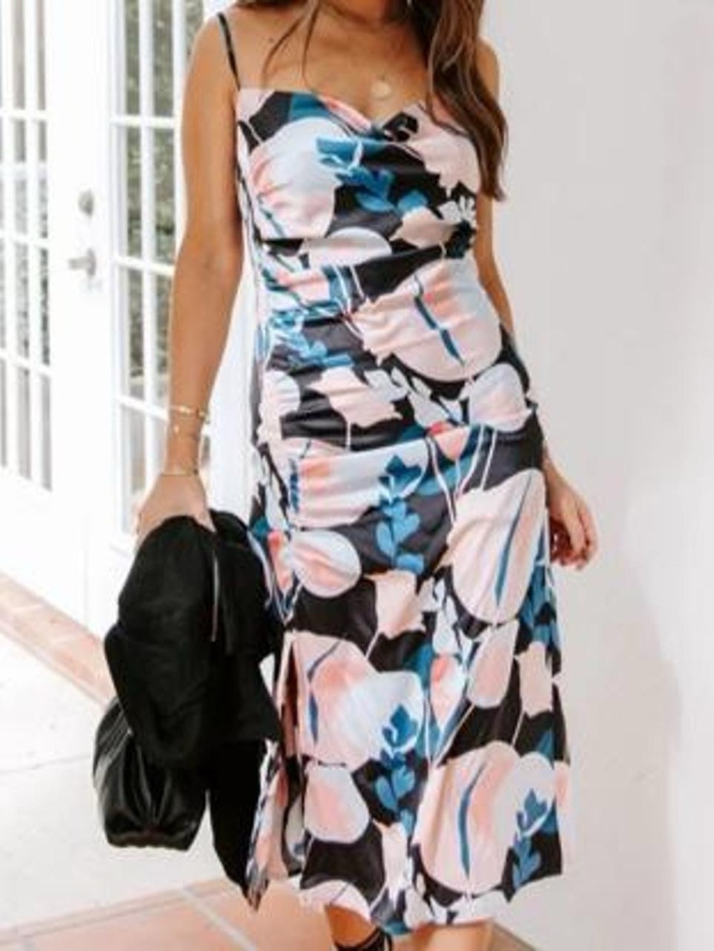 Sugarlips Black Midi Slip Dress with Pink & Blue Floral Print